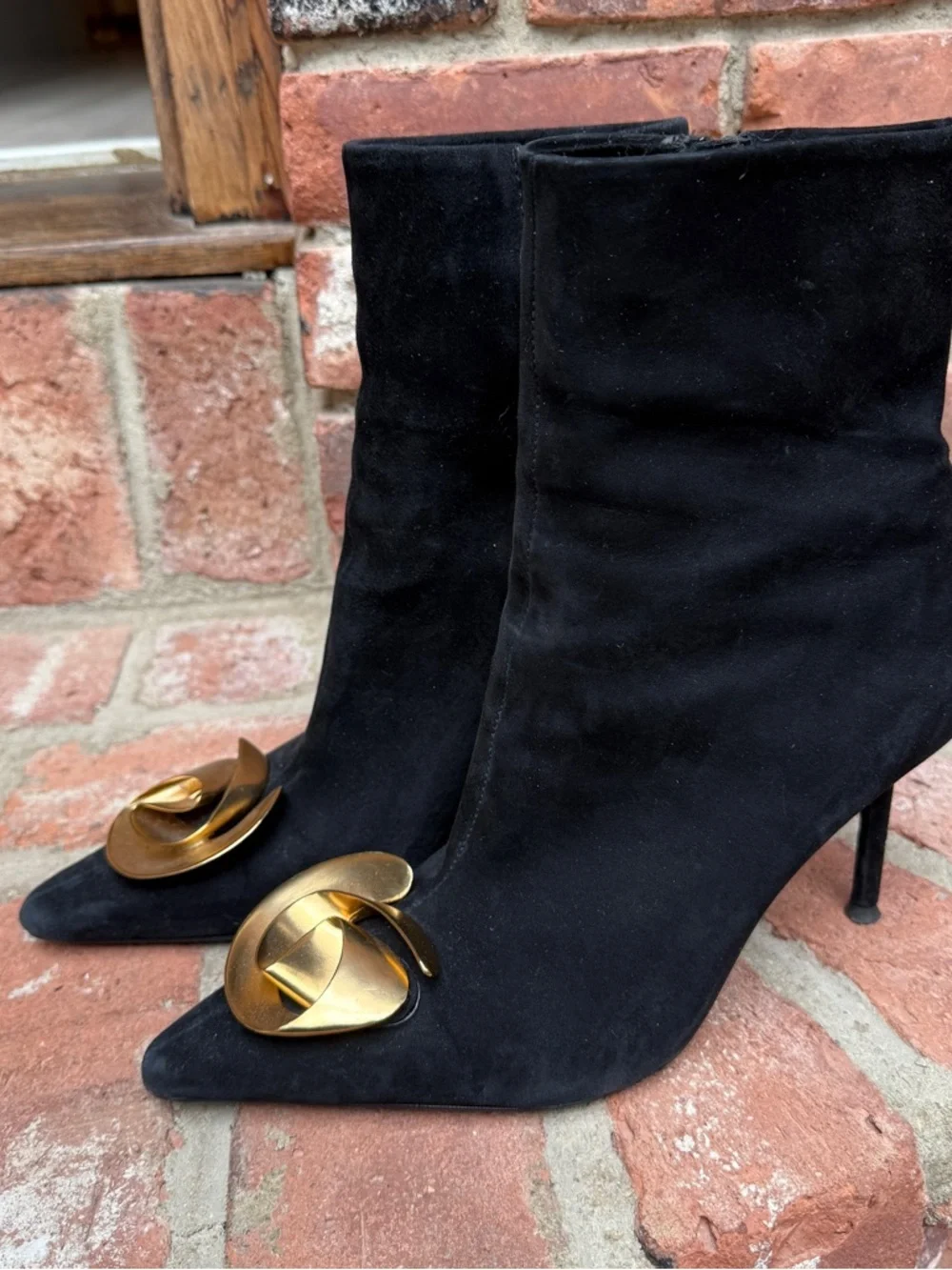 Zara Black Suede Pointed-Toe Ankle Boots with Gold Sculptural Accent